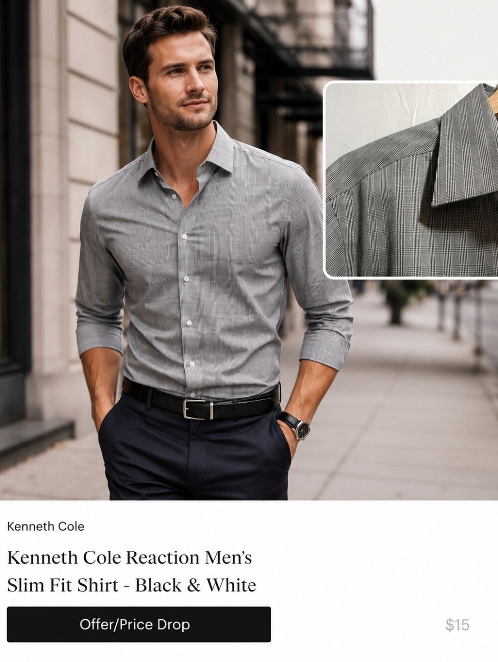 Kenneth Cole Reaction Men's Slim Fit Shirt - Black & White Glen Plaid Medium